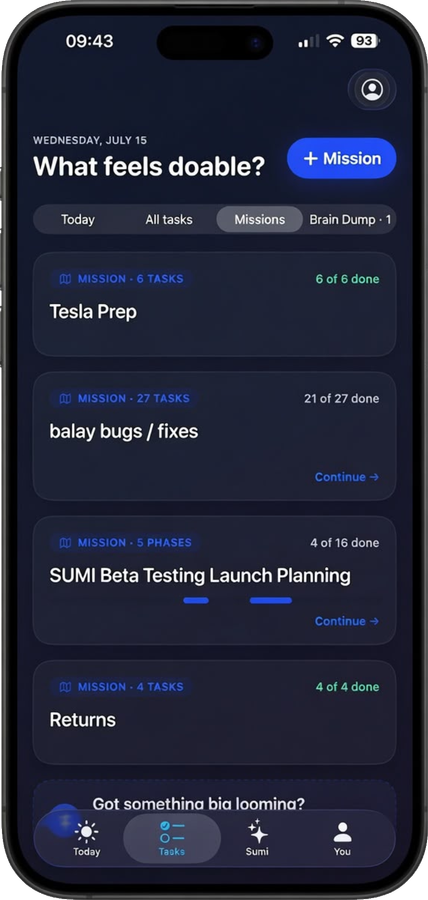 The BALAY tasks screen, showing missions grouped by how many of their steps are done.